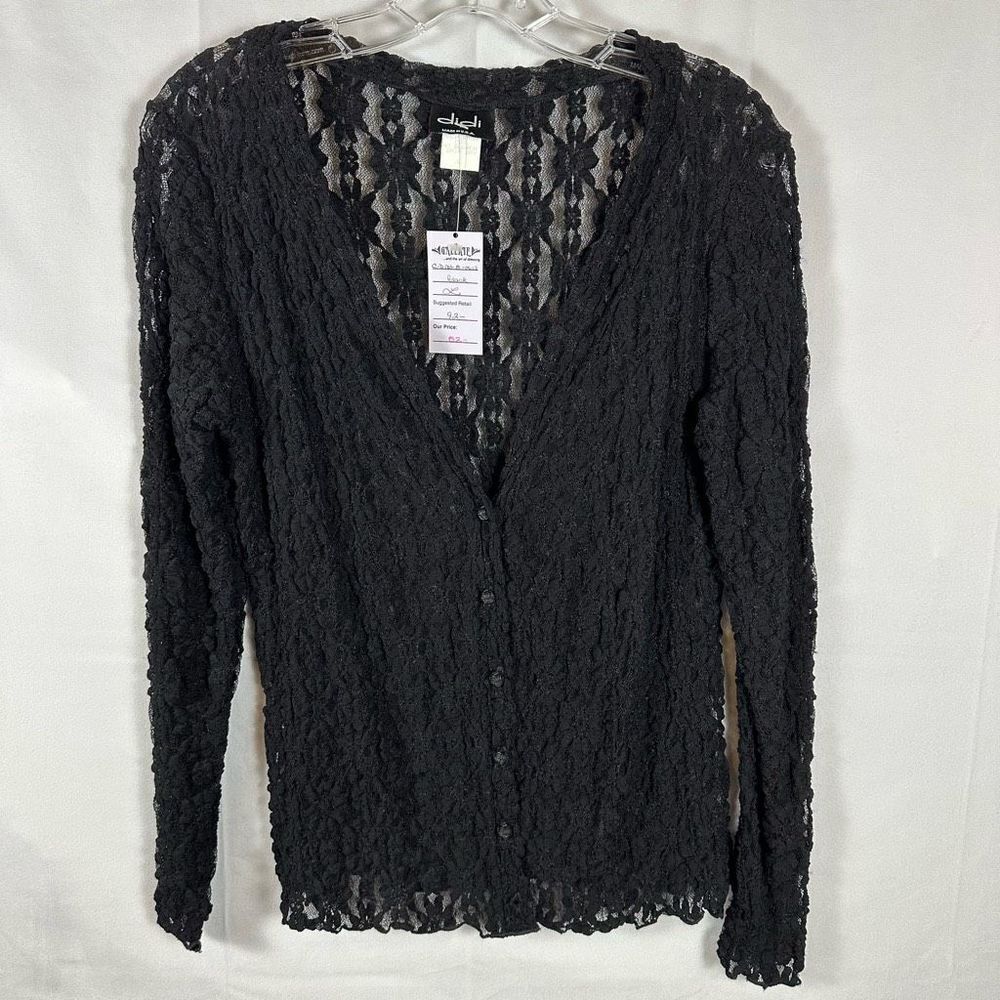 didi Black Stretch Long Sleeve Lace Button Down V-neck Top Shirt L NWT